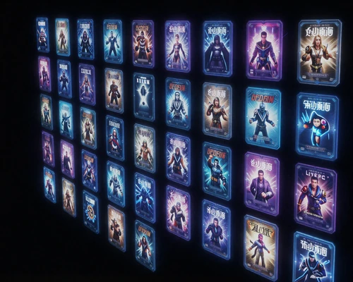 Northline Play Register digital deck concept - holographic game cards organized in a futuristic library interface